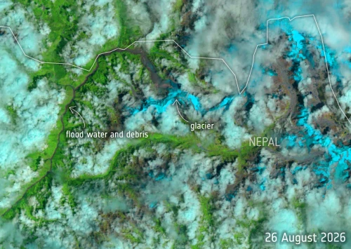 Satellite image showing flood water and debris from the August 26, 2026 Rasuwa flood in Nepal.