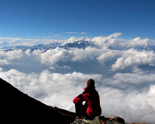 A Trekker Enjoying The View From Gosaikund View Point