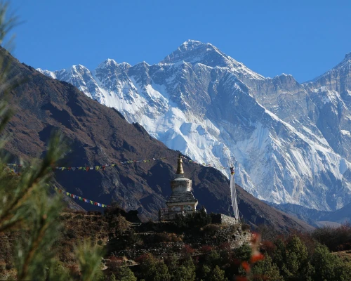 View Of Mount Everest And Buddhist Stupa